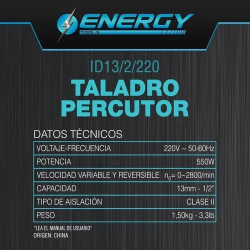 Taladro Percutor Eléctrico Energy 550w 13mm 2800rpm 2900gpm Turquesa