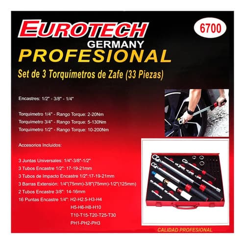 Torquimetros Zafe - 1/2 3/8 1/4 - Calibrados + Saca Bujías Puntas Dados + Accesorios | Eurotech Negro
