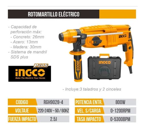 Rotomartillo Electrico Sds Plus 800w 1100rpm Maletin Ingco Color Naranja