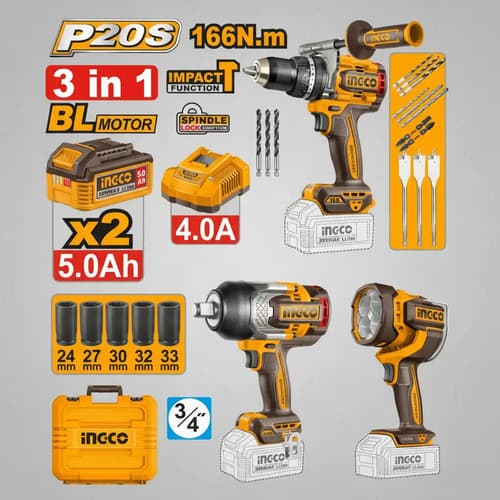 Kit Combo A Bateria Ingco 20v Taladro 166nm + Llave 1050nm +
