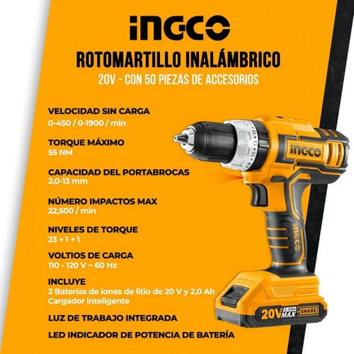 Taladro Atornillador Rotomartillo 20 V Ingco Con Accesorios Amarillo
