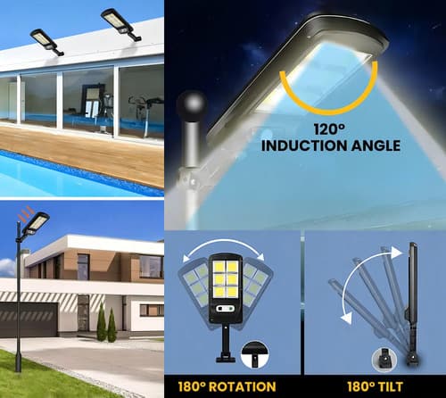 Foco Luz Exterior Solar 50w 120 Leds 6cobs Sensor Fotocelula Negro