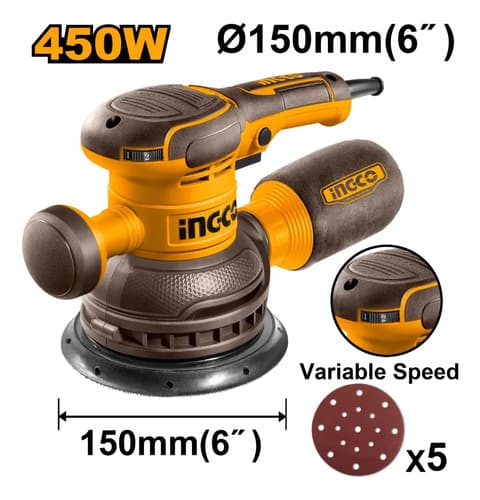 Lijadora Roto Orbital 150mm 450w C/ 5 Lijas Ingco Rs4516 Naranja Claro