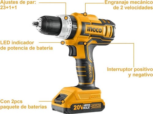 Taladro Atornillador Rotomartillo 20 V Ingco Con Accesorios Amarillo