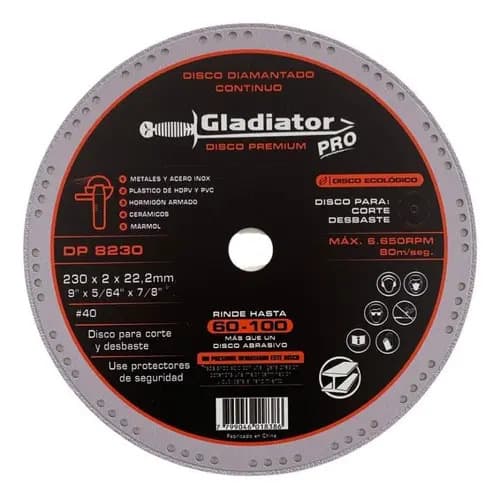 Disco Premium Diamantado 230mm Gladiator Pro - Dp8230 Color Negro
