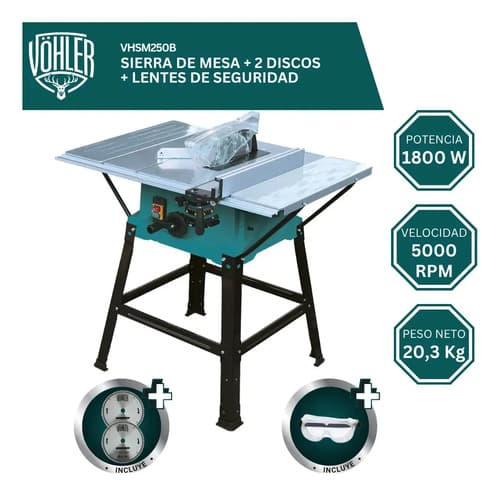 Sierra Circular De Mesa Banco 250mm 1800w Vöhler C/ 2 Discos