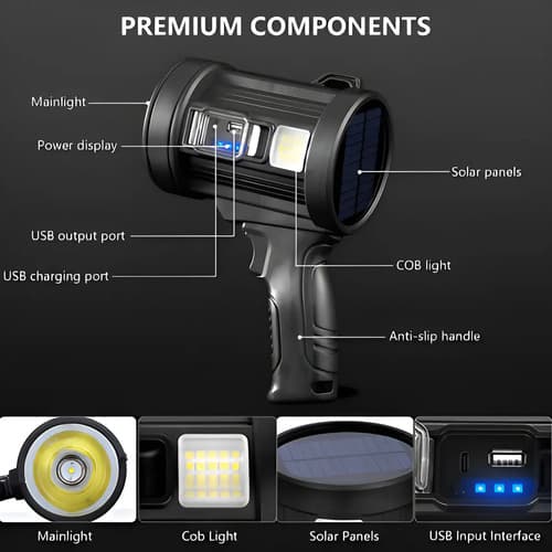 Foco Recargable Led Luz Panel Solar Linterna Caza Color De La Linterna Negro Color De La Luz Blanco
