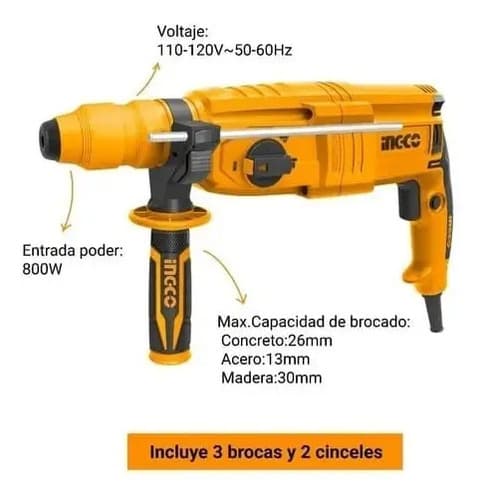 Rotomartillo Sds Plus 110/120v 800w Funcion Martillo Ingco Amarillo