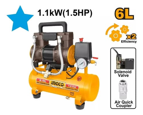 Compresor 6l 1.5hp Libre D Aceite Bajo Ruido Ingco Acs111062 Amarillo 50hz/60hz Monofásica
