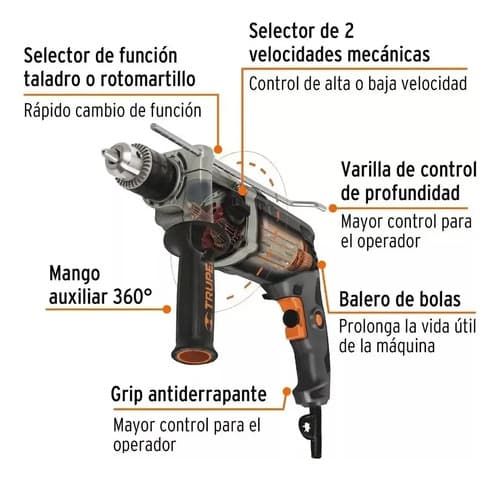 Taladro Industrial Rotomartillo Percutor 1/2'' Truper 900w Gris Oscuro 50/60