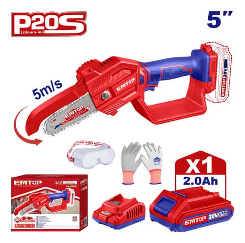 Mini Motosierra A Bateria 5 Pulgadas 20 V Emtop Elga20581 Rojo