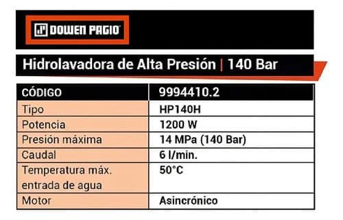 Hidrolavadora Eléctrica Dowen Pagio Semipro Hp140h Naranja De 1.2kw Con 140bar De Presión Máxima - 50/60