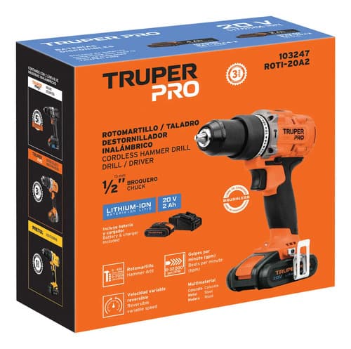 Rotomartillo Inalámbrico 1/2'' 1 Batería Truper Roti-20a2 Color Naranja Oscuro Frecuencia 60hz