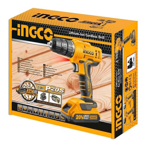 Taladro Atornillador 10mm Con 1 Bateria 20v Litio Ingco P20 Color Amarillo Frecuencia 50 Hz/60 Hz Naranja