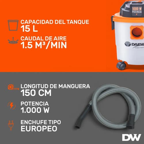 Aspiradora Tacho Polvo Y Agua Daewoo 15l 1000w + Accesorios Gris/naranja