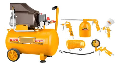 Compresor De Aire Ingco 50 Litros + Kit Compresor 5 Piezas Naranja Claro Monofásica