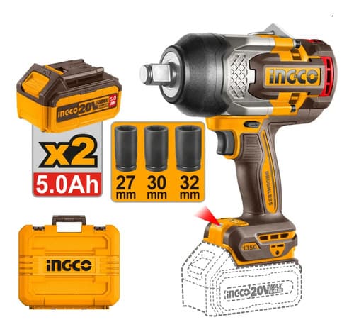 Llave De Impacto Ingco 20v 3/4 1350nm 2 Baterías Y Cargador Naranja