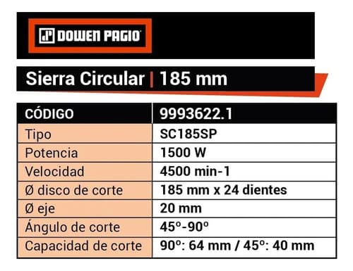 Sierra Circular 1500 W Guia Laser - Dowen Pagio Color Naranja Frecuencia 50-60hz 50 Hz