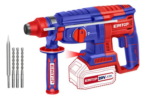 Rotomartillo Inalámbrico 20v Brushless Sds Plus Emtop 4.5j Capacidad 28 Mm Concreto Rojo 60hz