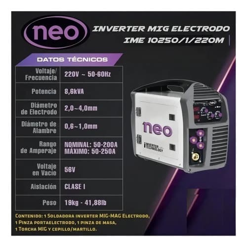 Soldadora Mig Mag Electrodo 250a Neo Sin Gas Ime10250/1/220m Gris