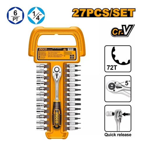 Set 27pcs Crique + Dados Y Puntas Ingco Hkts14271 Amarillo