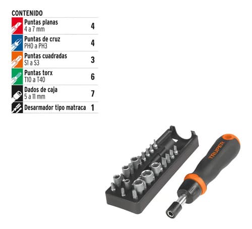 Juego Truper Destornillador Matraca, Puntas Y Dados Jdm-24