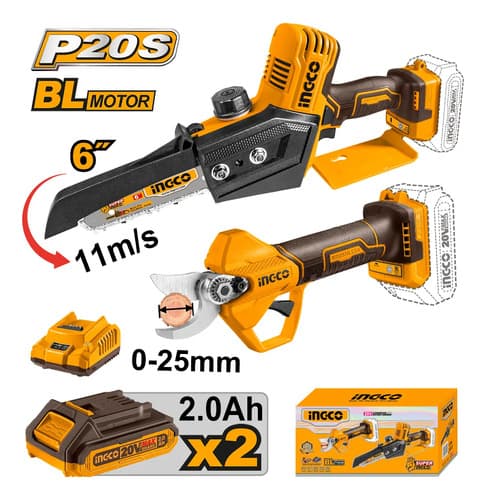 Combo Mini Motosierra 6  20v P20s + Tijera Poda 20v Ingco Amarillo Y Negro