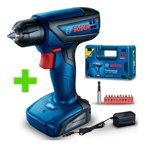 Taladro Atornillador Inalámbrico De 6mm Bosch Gsr 1000 Smart 12v + Accesorios Con Maletín De Transporte Azul