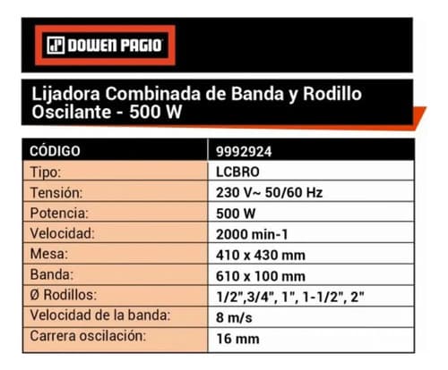 Lijadora Combinada Oscilante De Banda Y Rodillo Dowen Pagio Naranja Oscuro 50/60hz