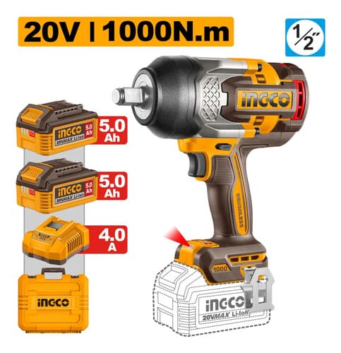 Llave Impacto 1000nm Ingco Con 2 Bat 5.0ah Y Carg 4.0ah Naranja Claro 20v