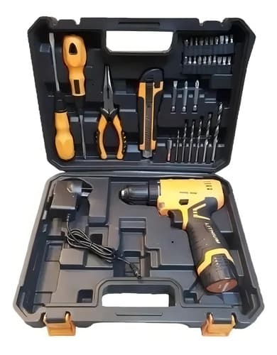 Taladro Atornillador Inalambrico Lusqtoff 2 Baterias 12v + Kit 32 Acc Naranja