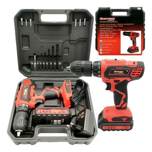 Taladro Atornillador 13mm. 42nm 1400rpm + Batería 20v. + Puntas Mechas | Eurotech Rojo