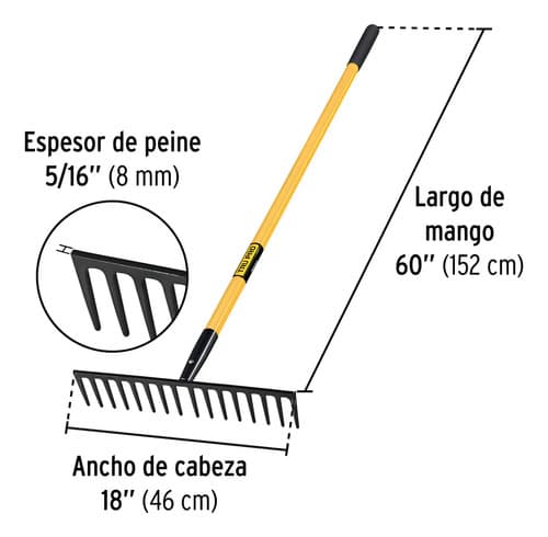 Rastrillo Recto 16 Dientes Cabo Fibra Vidrio 152cm Truper