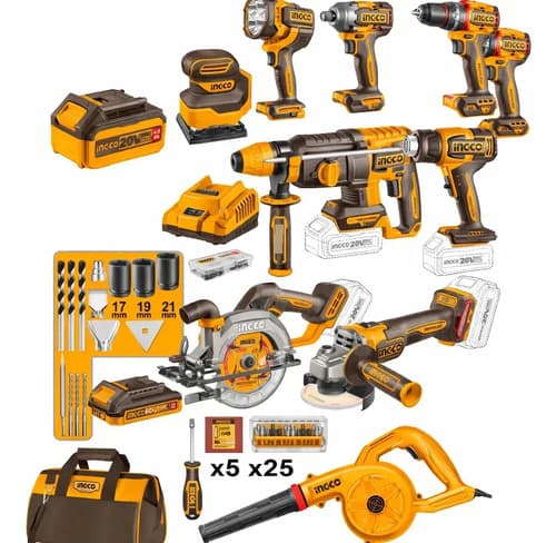 Kit Ingco 11 Herramientas 20v Con 4 Baterias Y + Accesorios