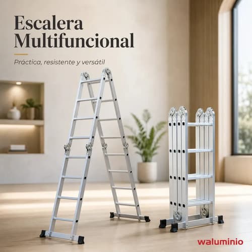 Escalera Multipropósito Aluminio Plegable 4.5m 16 Peldaños 150kg Waluminio Plateado