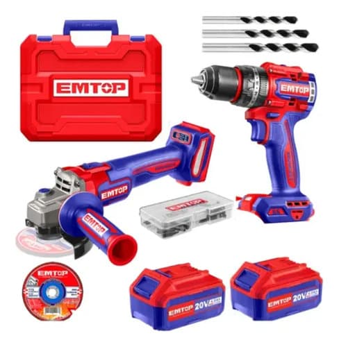 Kit Combo Taladro Percutor 66nm + Amoladora 115 Mm Brushless 2 Baterias 4ah Emtop Maletin Y Accesorios Emtop