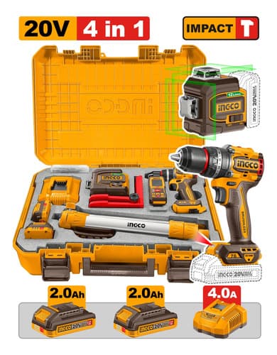 Kit 20v Ingco Taladro C/percutor + Nivel Laser + Medidor