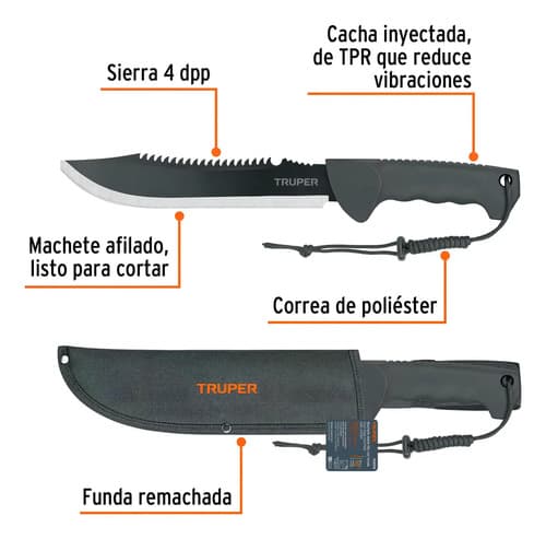 Machete Doble Filo 10 Cacha Inyectada, Truper Con Funda 103015