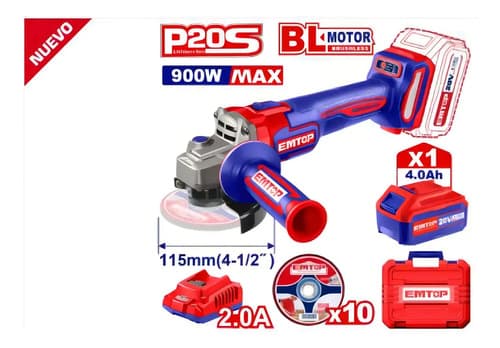 Amoladora A Bateria 20v Valija Emtop Con Bateria Y Cargador Rojo