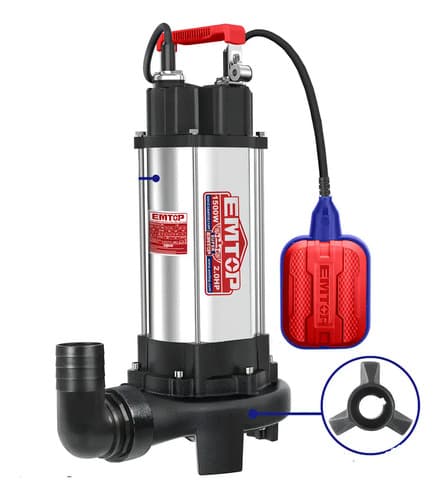 Bomba Sumergible Pozo Negro 1500w 2hp Triturador Emtop Ewppqd15001 Para Agua Sucia Plateado