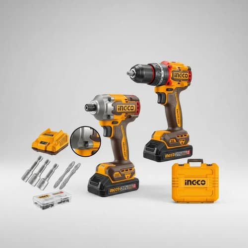 Set Atornillador Impacto 20v + Atornillador 20v, 10mm Ingco Naranja Claro