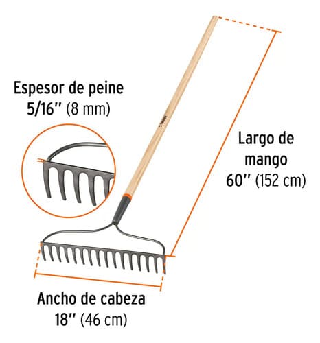 Rastrillo Jardinero 16 Dientes Mango Madera 137cm Truper Rojo