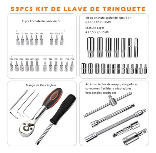 Caja Herramientas Set Kit Juego Dados Chicharra Llaves Corona 53 Piezas Tecnopro