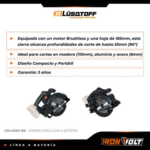 Sierra Circular Inalámbrica Brushless Profesional Black Series 20v 185mm Lusqtoff Frecuencia 50hz Csl4500-9b Negro