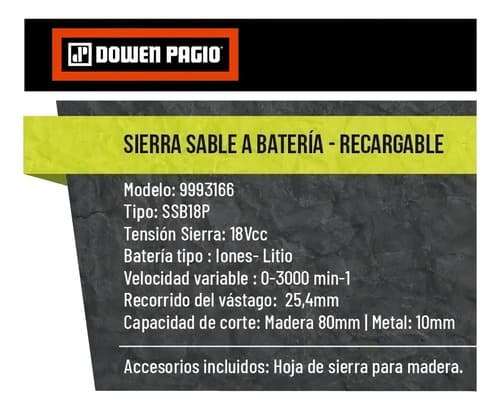 Sierra Sable Inalambrica Litio Dowen Pagio Madera Y Metal