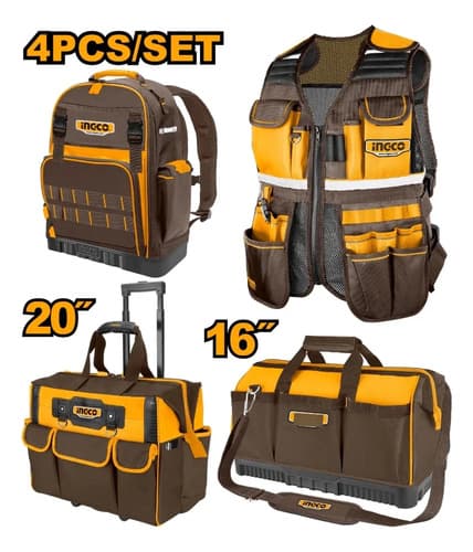 Kit Combo Bolsos / Valija + Chaleco Portaherramientas Ingco Naranja Claro