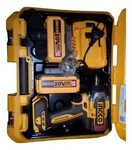 Llave De Impacto Inalámbrica Ingco De 20v Y 500nm, Con Batería Y Accesorios Amarillo