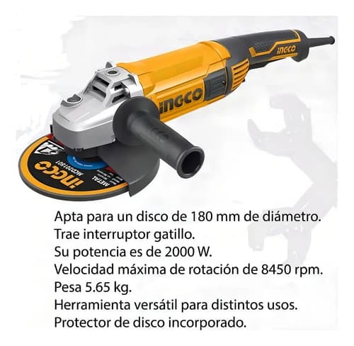 Amoladora Angular Ingco 9 Pulgadas 230mm 2200w Profesional Amarillo 50 Hz/60 Hz