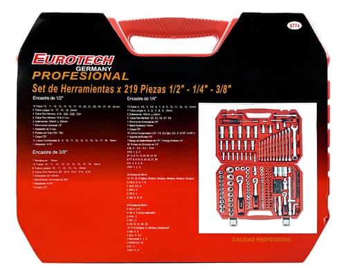 Juego De Tubos Dados Criques Y Accesorios - Encastres 1/2 3/8 1/4 - Completo 219 Piezas | Eurotech Gris