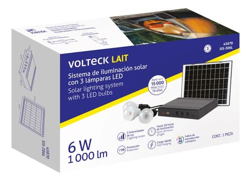 Sistema De Iluminación Solar 6 W Con 3 Lámparas Led, Volteck Negro